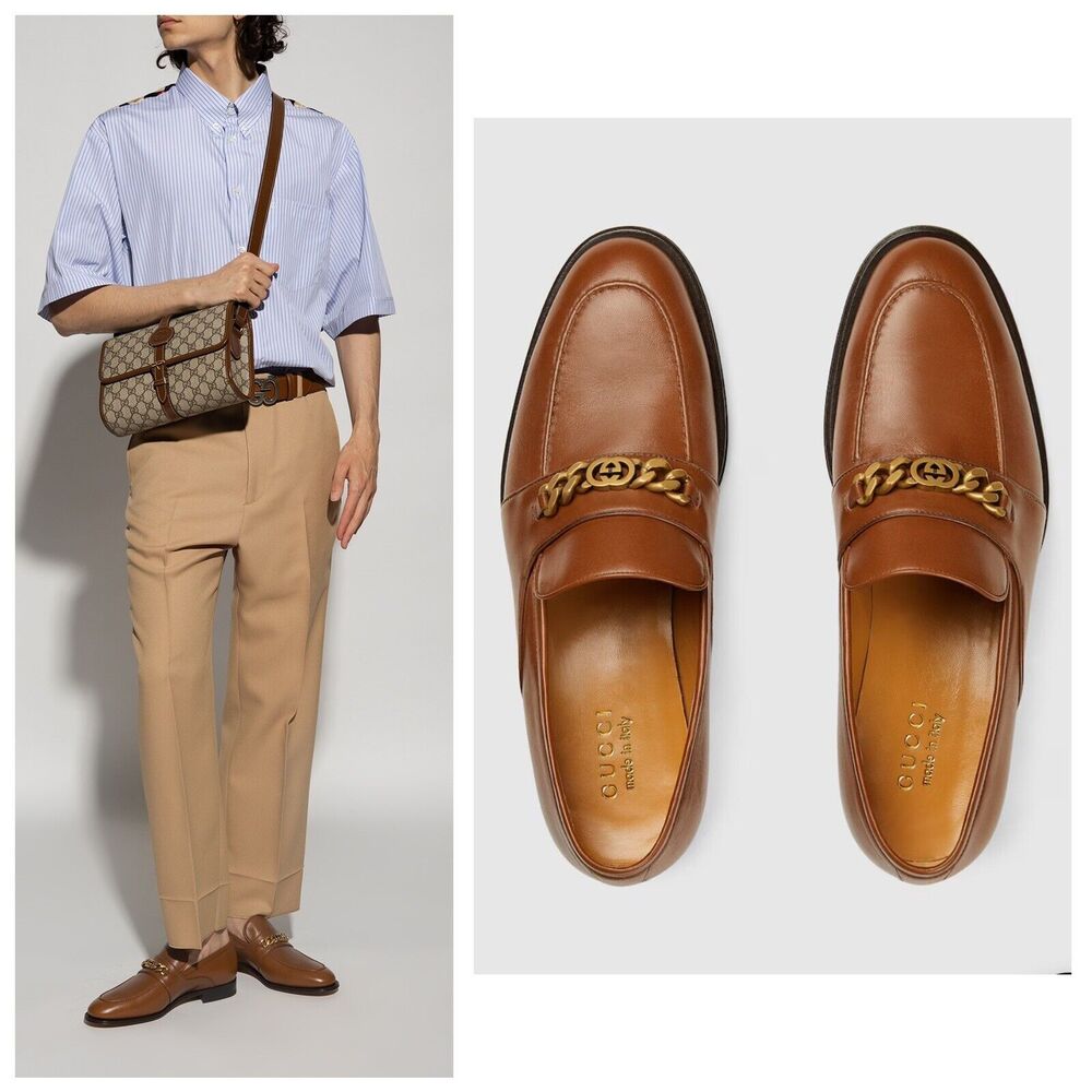 Gucci Chain Interlocking GG 9.5/ US 10 Loafer Brown Italian Leather Shoe NIB - Picture 3 of 13